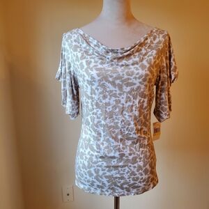MICHAEL Michael Kors Top, Draped Neck,  Short Sleeve, Tan/White Pattern.